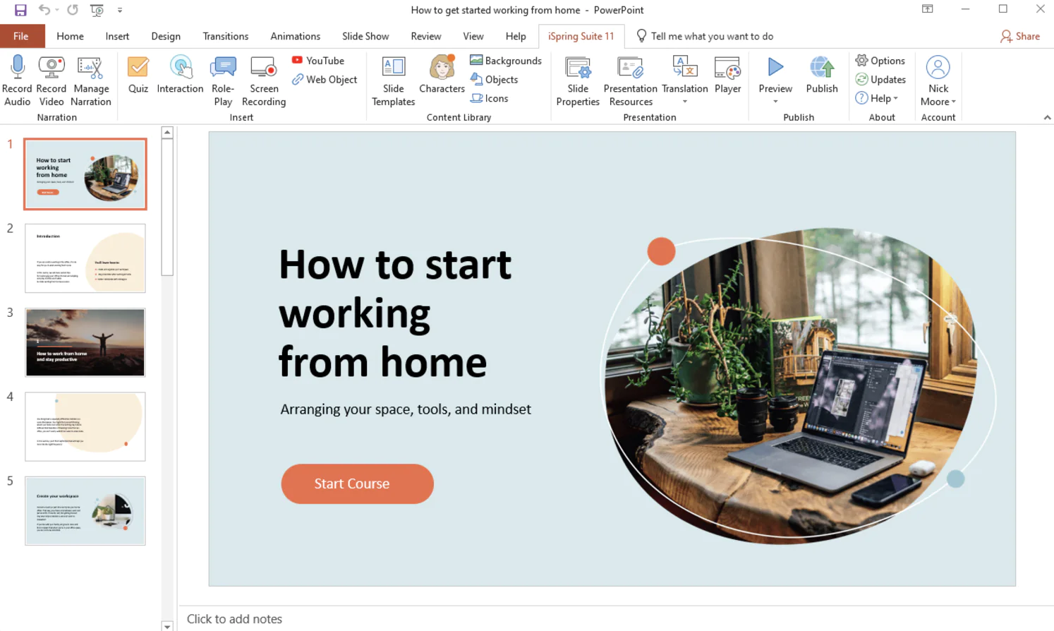 A screenshot of the iSpring Suite interface, an eLearning authoring tool, featuring a course titled "How to start working from home" with a sleek design layout, tools for adding quizzes, interactions, and multimedia, and a preview of slides in a navigation panel.