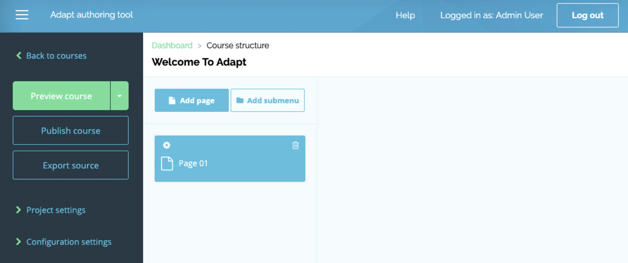 Screenshot of Adapt Learning, an eLearning authoring tool, showing the course structure dashboard with options to preview, publish, or export a course and tools to add pages or submenus.