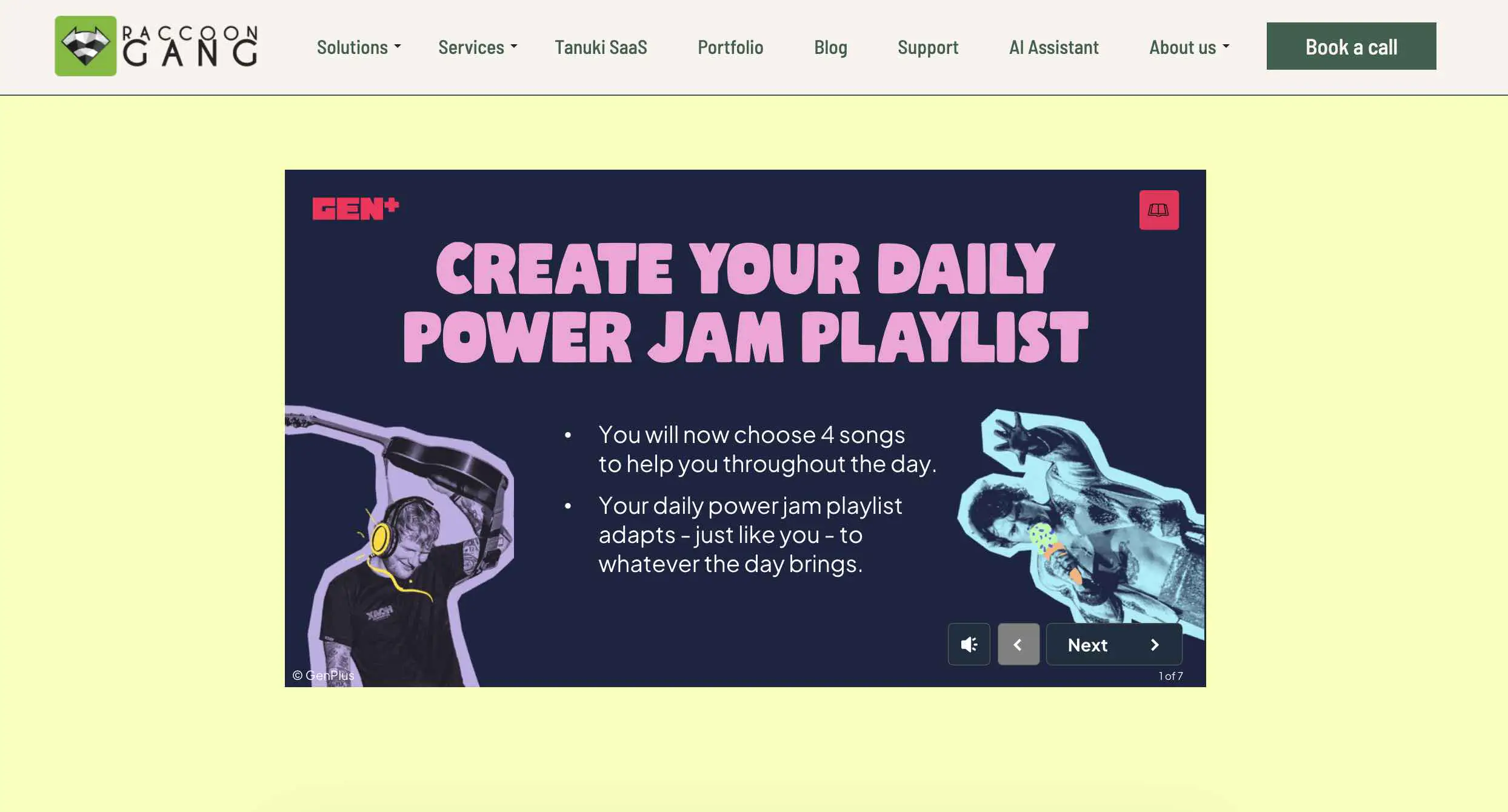 Examples of instructional design case with the text “Create Your Daily Power Jam Playlist” and images of musicians