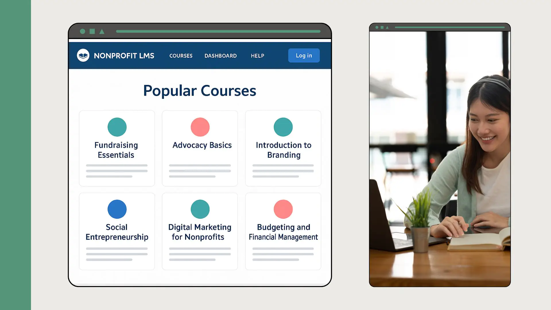 LMS course catalog for nonprofit training: fundraising, advocacy, branding, budgeting Dashboard of an LMS for nonprofits showing popular online courses such as fundraising, advocacy, branding, and budgeting.