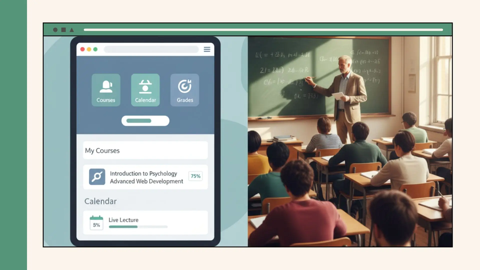 Split image showing a mobile LMS with Courses, Calendar, and Grades next to a teacher lecturing at a chalkboard while students sit at desks.