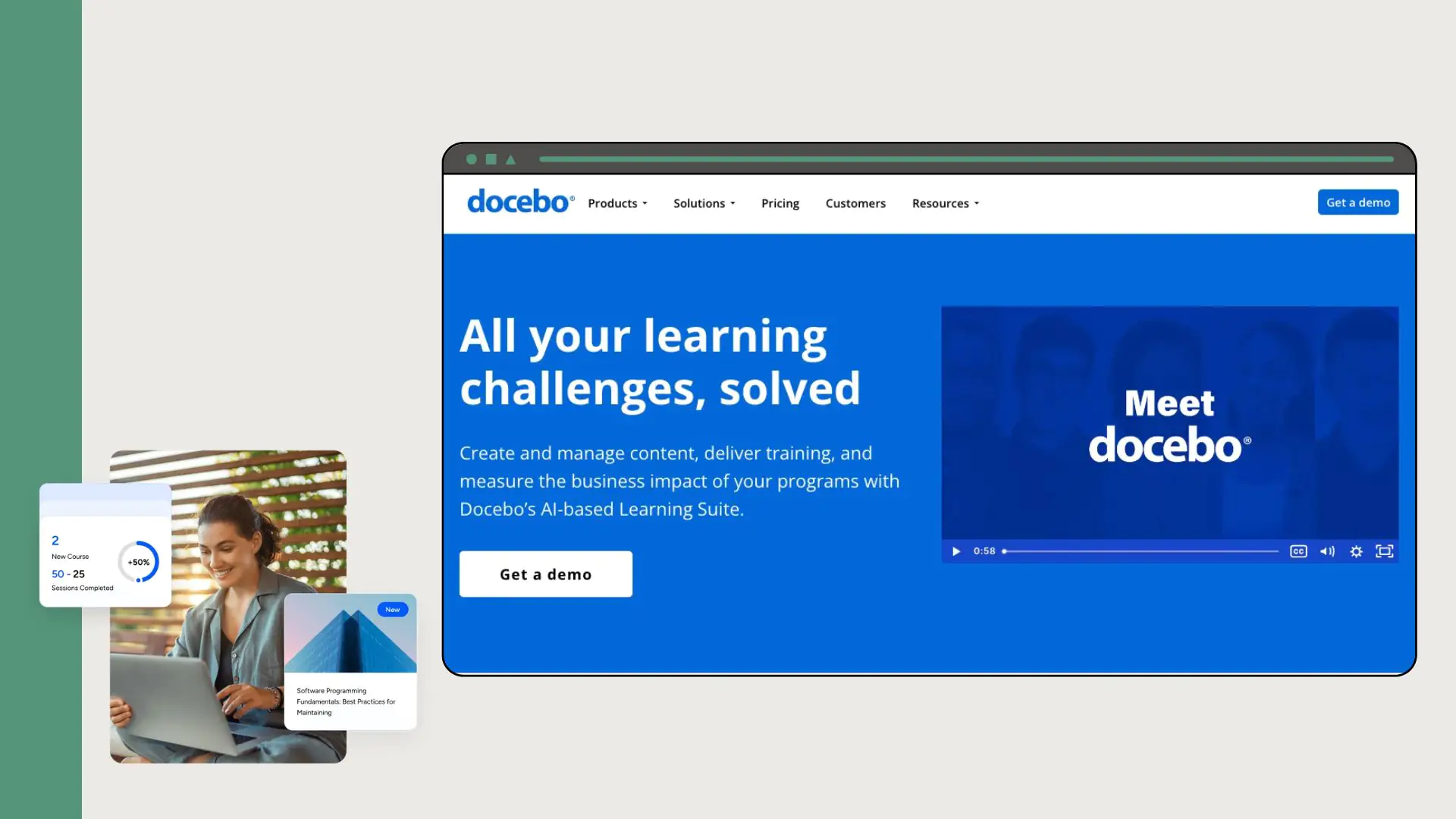 Desktop mockup of the Docebo homepage showing the headline “All your learning challenges, solved,” a video tile labeled “Meet docebo,” and a separate photo of a woman using a laptop with small progress and course cards overlaid.