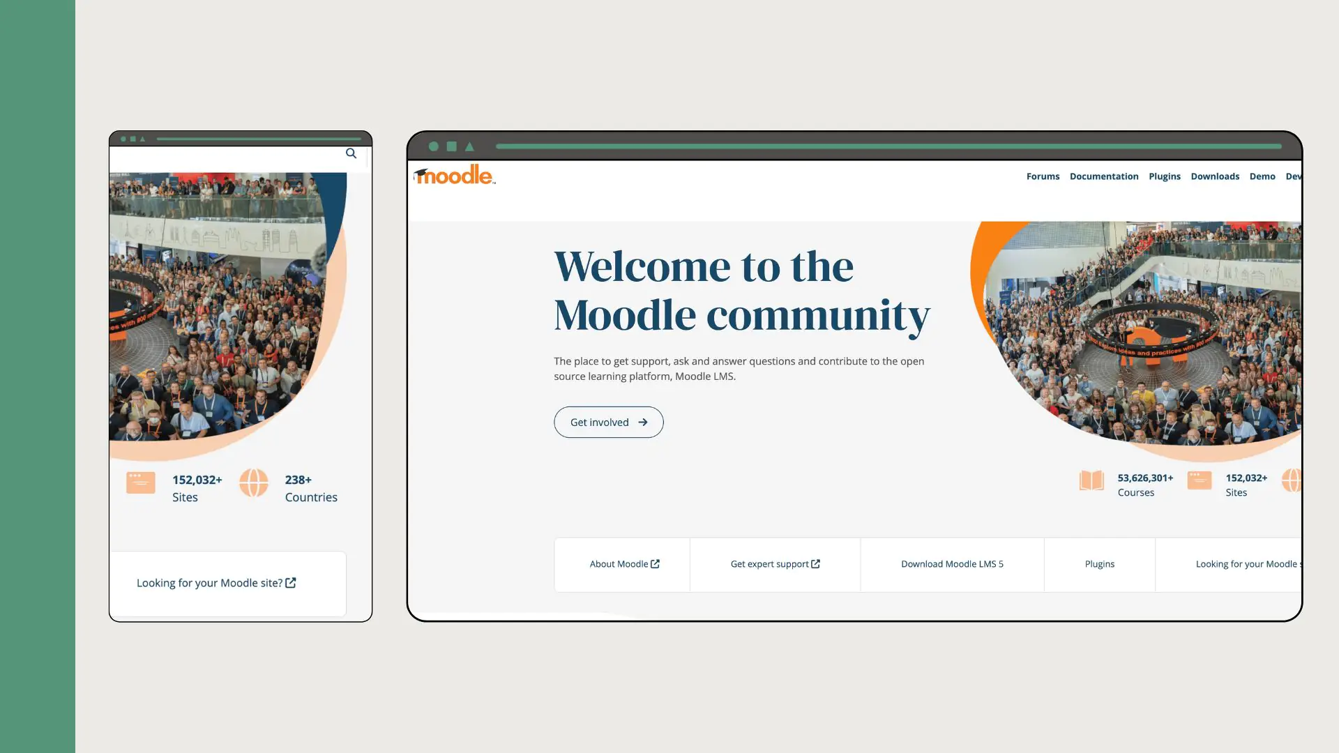 Side-by-side mockups of the Moodle community site with the headline “Welcome to the Moodle community,” crowd photo banners, navigation links, and stats for courses and sites.