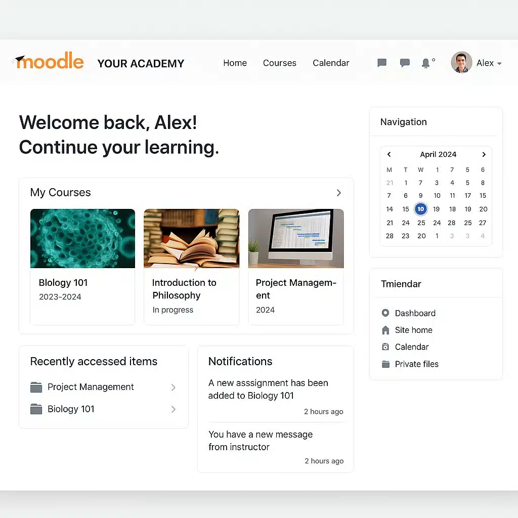 moodle-lms-homepage-dashboard-example Screenshot of a Moodle LMS homepage showing a user dashboard with course cards, notifications, calendar, and navigation menu for online learning management.