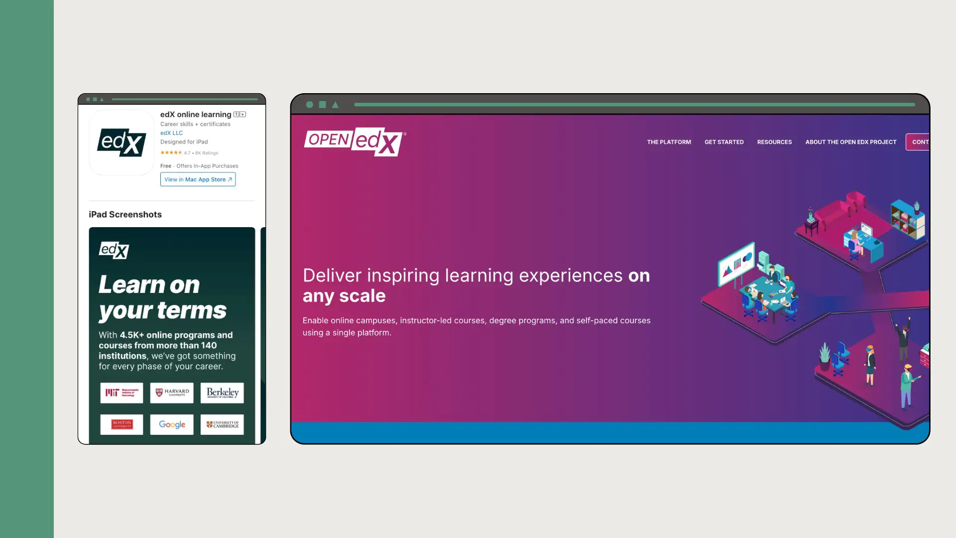 Side-by-side mockups showing the Open edX website hero “Deliver inspiring learning experiences on any scale” next to the edX online learning app listing with iPad screenshots and partner logos.