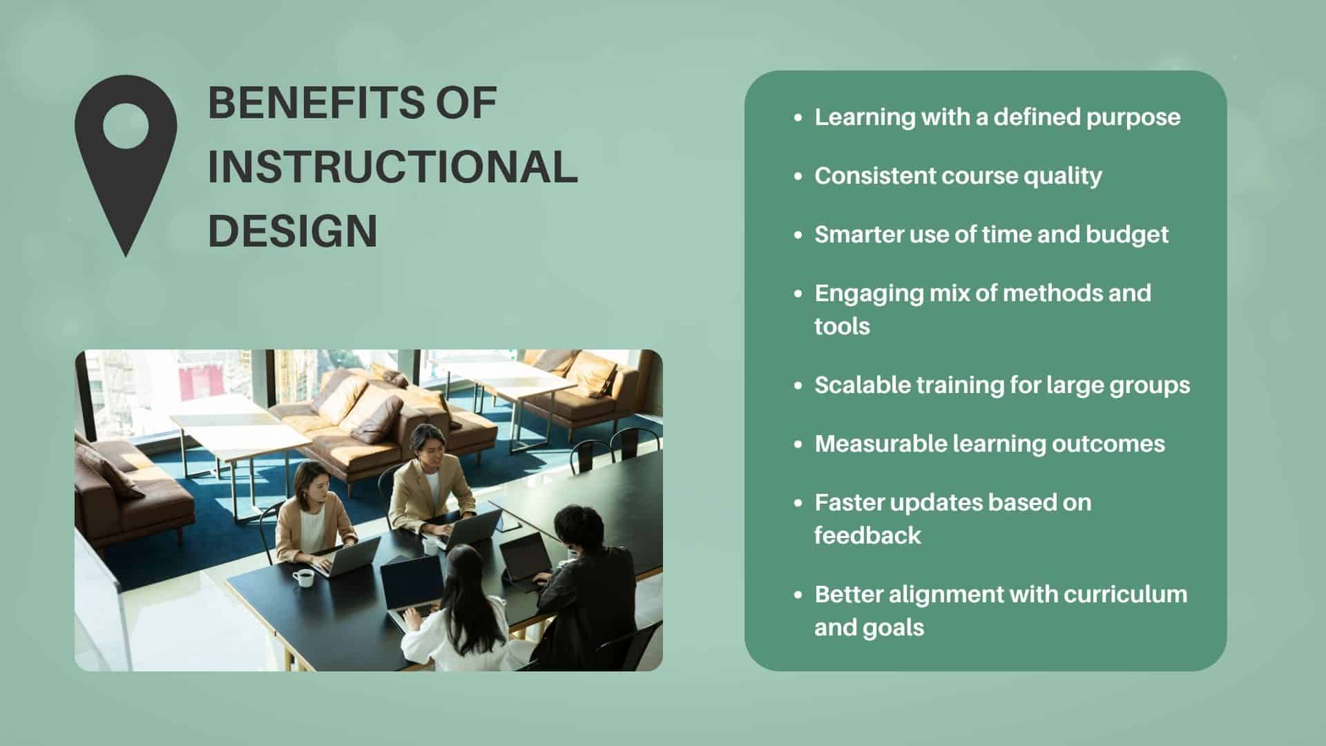 Slide showing the benefits of instructional design, including defined purpose, consistent quality, efficient use of time and budget, engaging methods, scalability, measurable outcomes, quick updates, and alignment with goals.