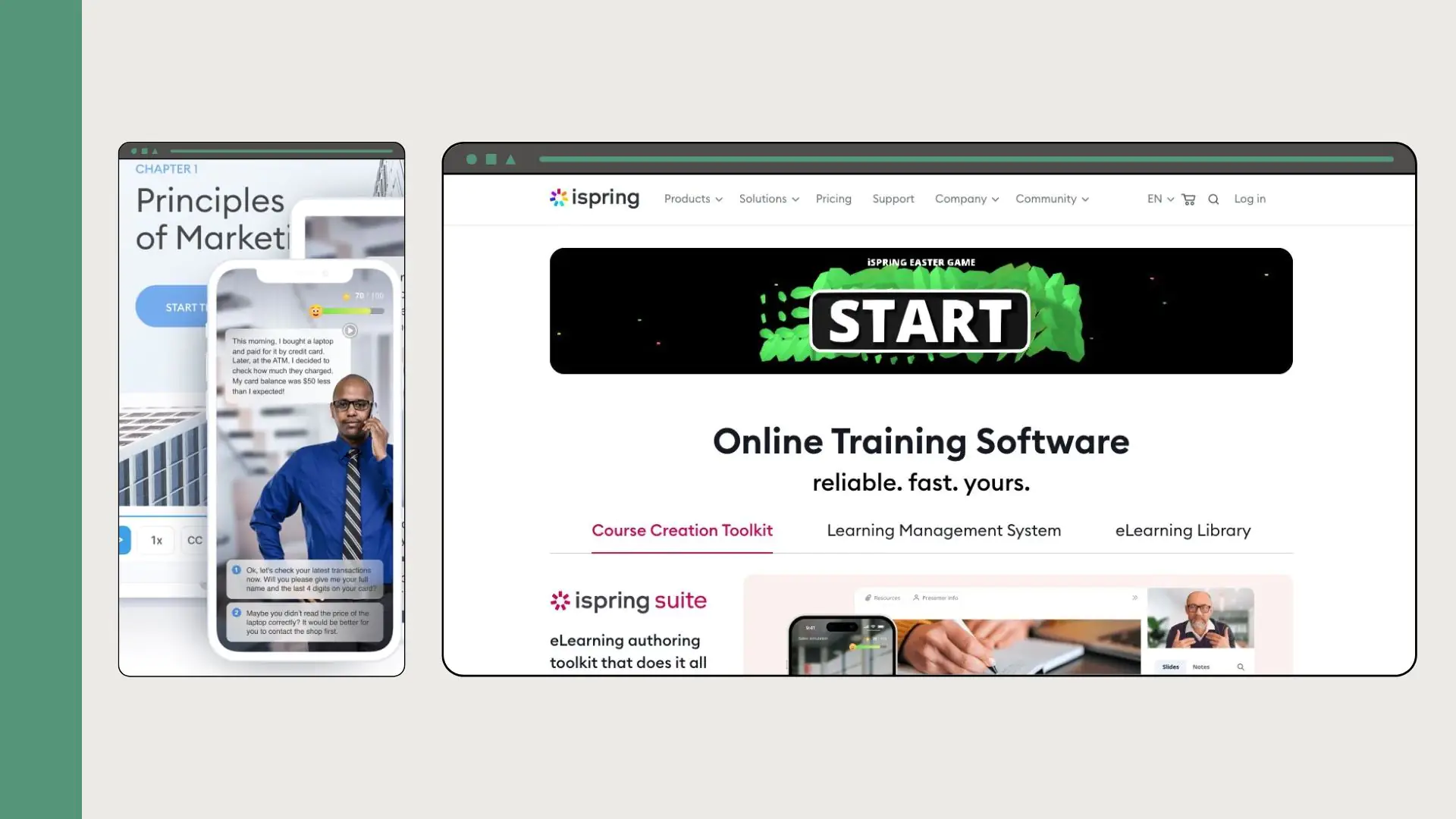Side-by-side mockups showing the iSpring website home (“Online Training Software — reliable. fast. yours.” with a START banner and navigation) next to a smartphone UI of a scenario-based chat from a “Principles of Marketing” course.