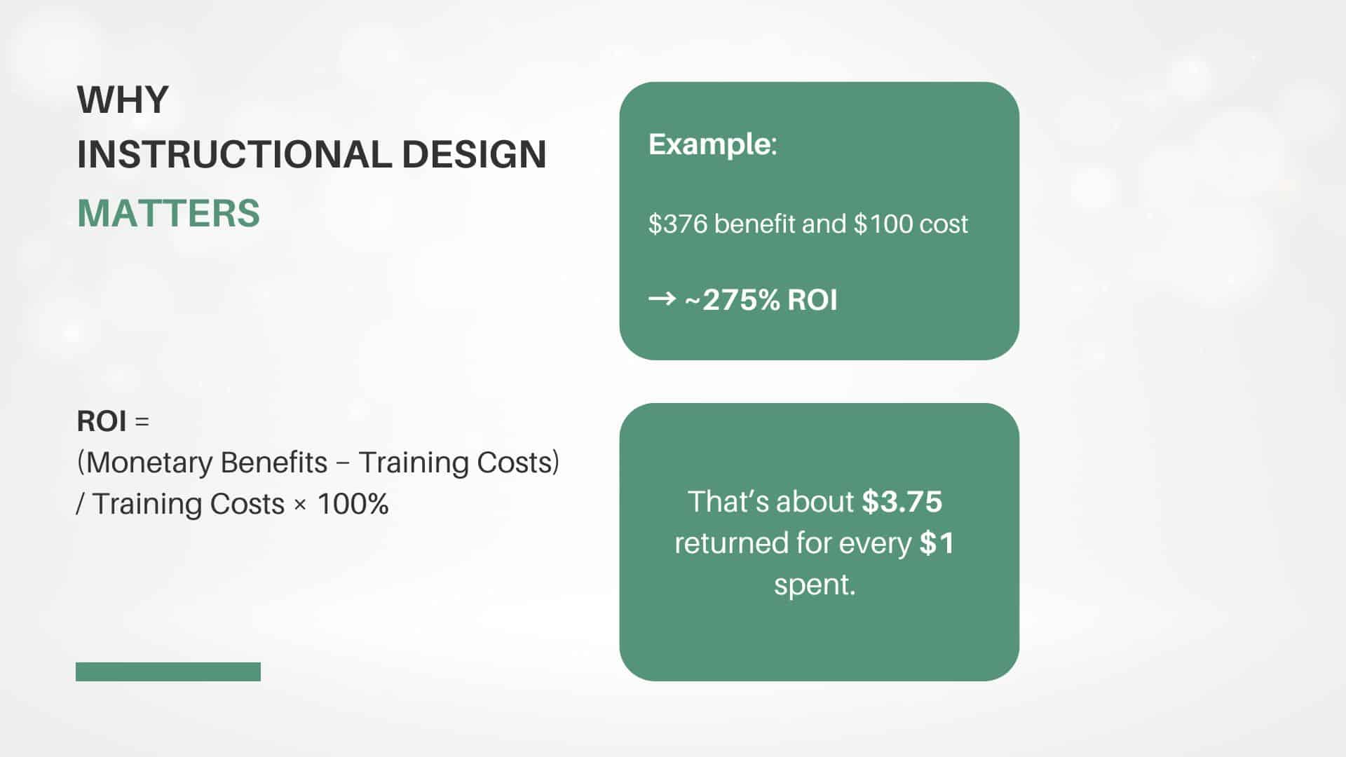 With every $1 spent on training, organizations can see up to $3.75 in return (What is instructional design in education)
