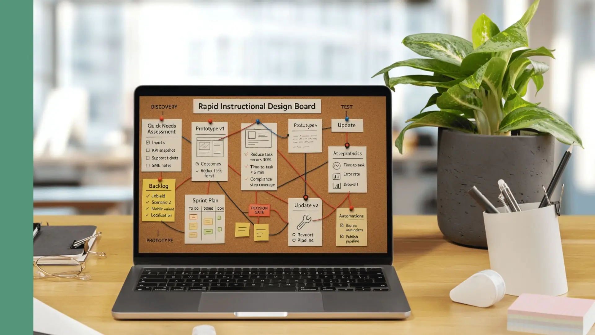 Rapid Instructional Design Board example on laptop workspace Laptop displaying a Rapid Instructional Design Board with notes and workflow steps for rapid course development, on a desk with office supplies and a plant.
