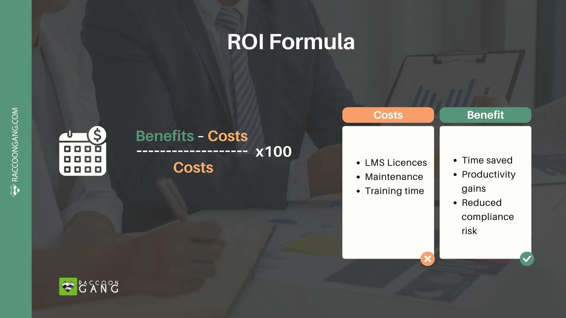 LMS ROI Formula – Costs vs Benefits Example ROI formula for LMS showing benefits minus costs divided by costs, with example cost items (LMS licenses, maintenance, training time) and benefits (time saved, productivity gains, reduced compliance risk).