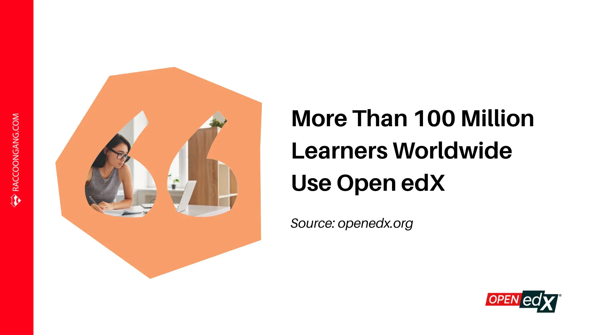 More Than 100 Million Learners Worldwide Use Open edX (eLearning trends 2026) Raccoon Gang quote graphic stating that more than 100 million learners worldwide use Open edX, with a woman studying on a laptop. (eLearning trends 2026)