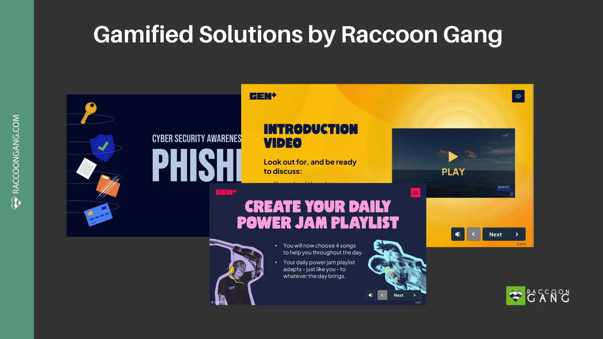 Gamified E-Learning Solutions by Raccoon Gang Examples of gamified e-learning screens for cybersecurity and wellbeing courses created by Raccoon Gang.