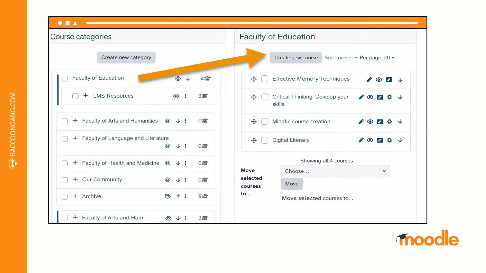 Create a New Course in Moodle from Course Categories Moodle course category management screen showing where to create a new course in Moodle
