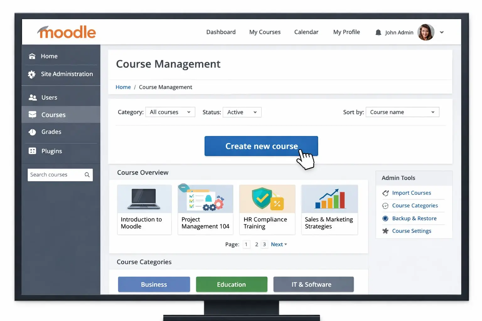Create a New Course in Moodle – Course Management Dashboard Moodle course management dashboard showing how to create a new course in Moodle