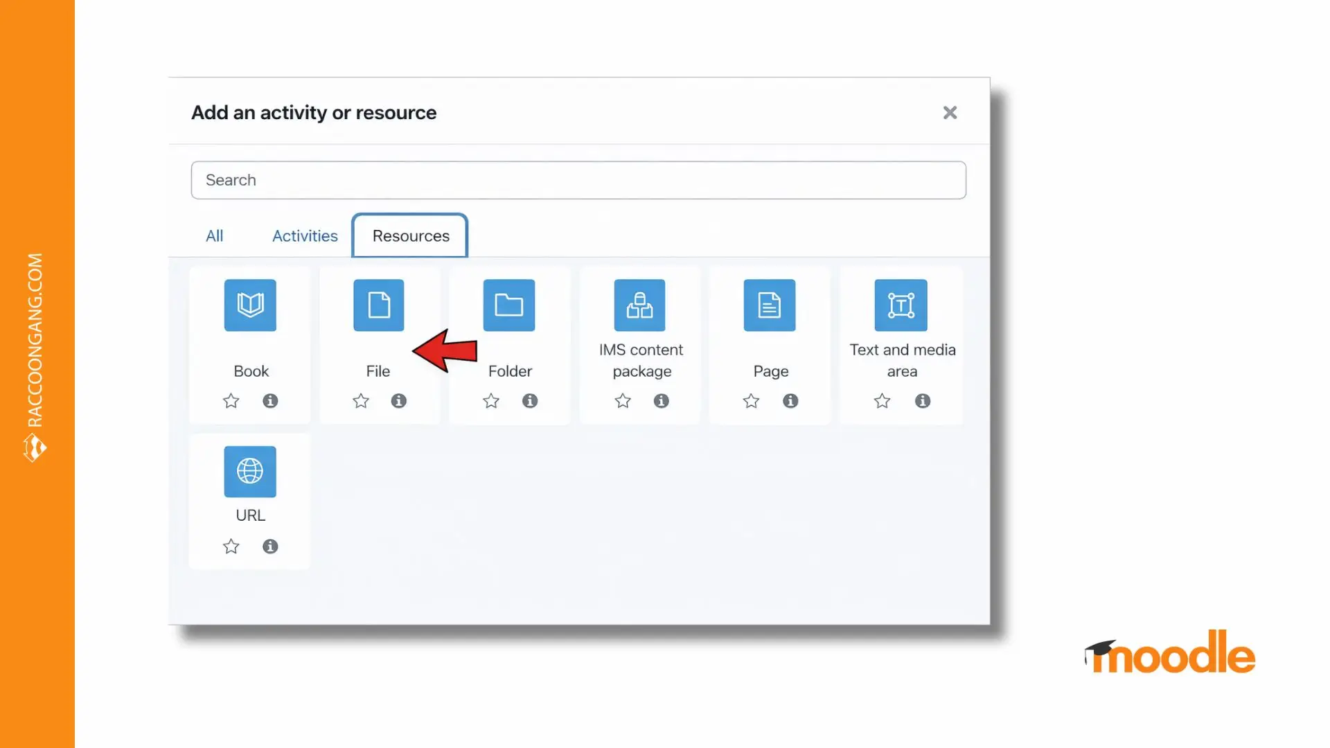Add Activities and Resources in Moodle Moodle add activity or resource window showing how to add files and learning resources to a course