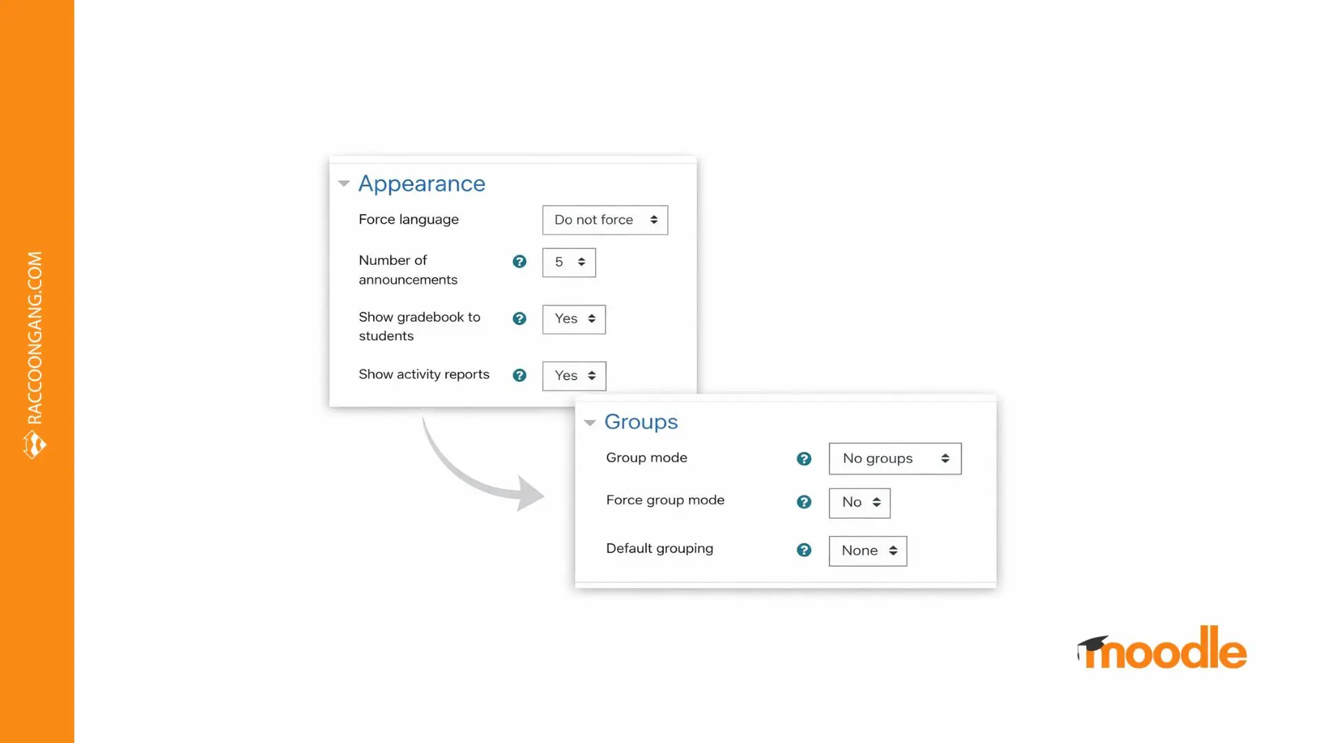 Fine-Tune Appearance and Groups in Moodle Course Settings Moodle appearance and group settings showing gradebook visibility, announcements, and group mode options