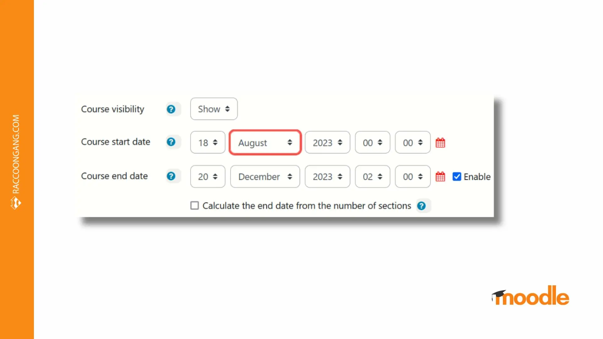 Set Course Start and End Dates in Moodle Moodle course start and end date settings showing how to schedule a course timeline