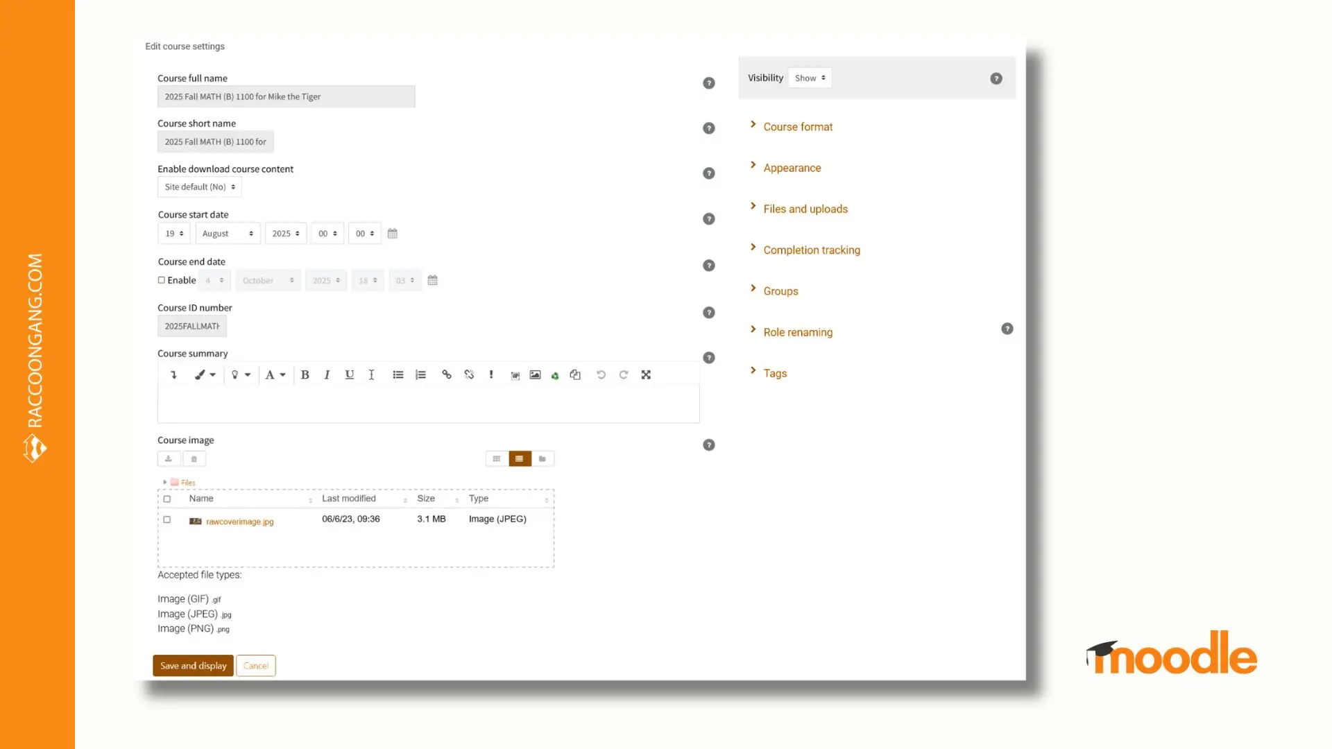 Configure General Course Settings in Moodle Moodle course settings page showing how to configure course name, dates, visibility, and summary