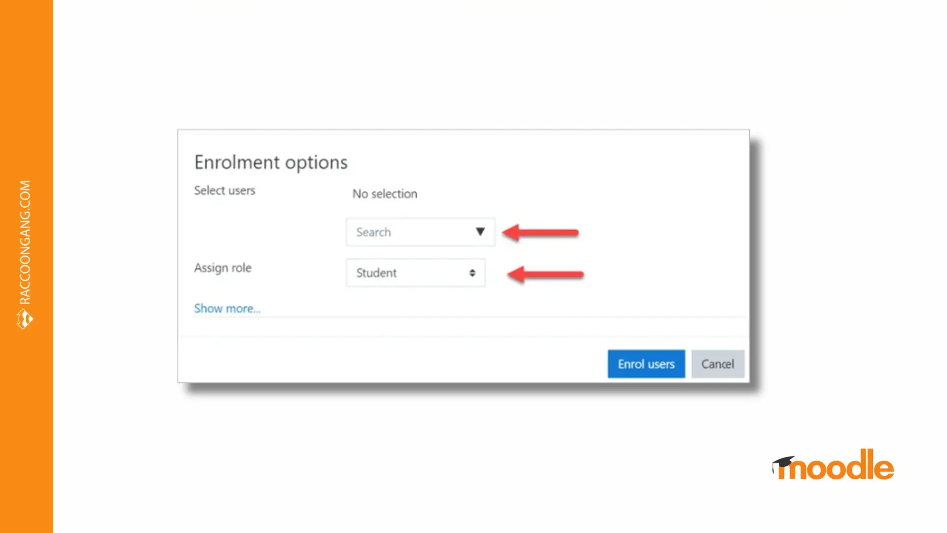 Enroll Users and Assign Roles in Moodle Moodle enrolment options window showing how to add learners and assign roles to a course