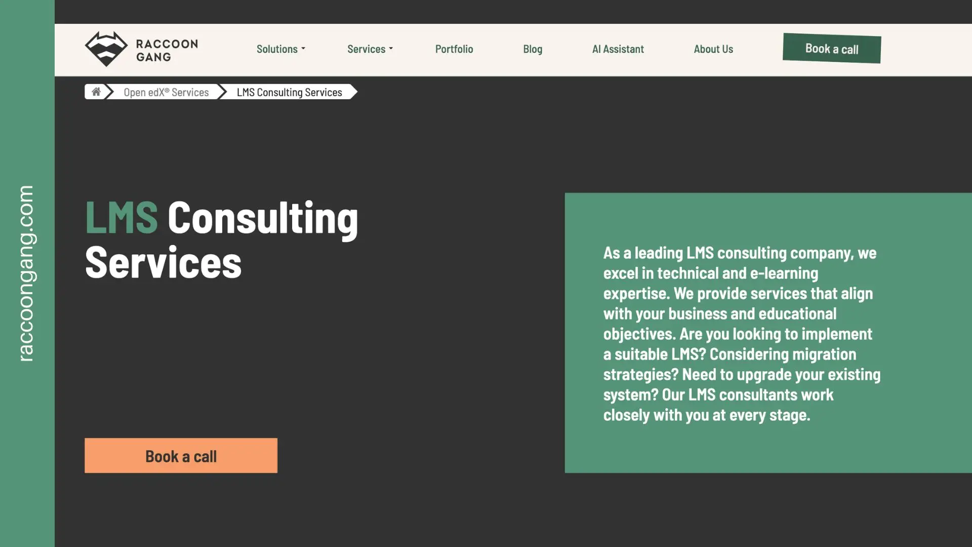 LMS Consulting Services – Raccoon Gang LMS consulting services page by Raccoon Gang with Book a call CTA and enterprise e-learning consulting description