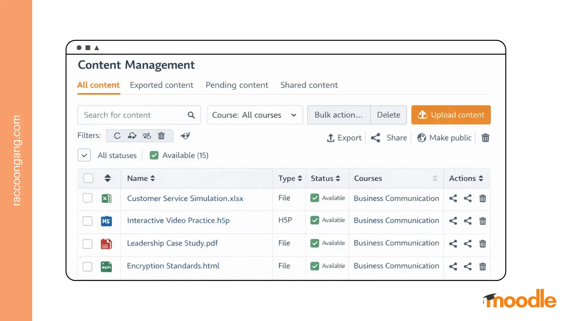 Moodle Content Management for Scalable Learning Programs Moodle content management interface showing centralized repository, version control, content status tracking, and course assignment for scalable learning governance.