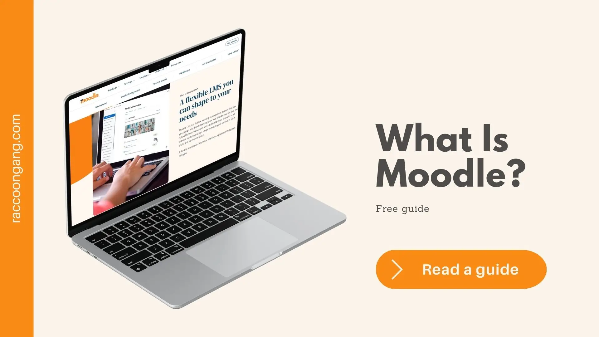 What Is Moodle? Free Guide by Raccoon Gang Moodle LMS interface displayed on laptop screen with headline What Is Moodle free guide
