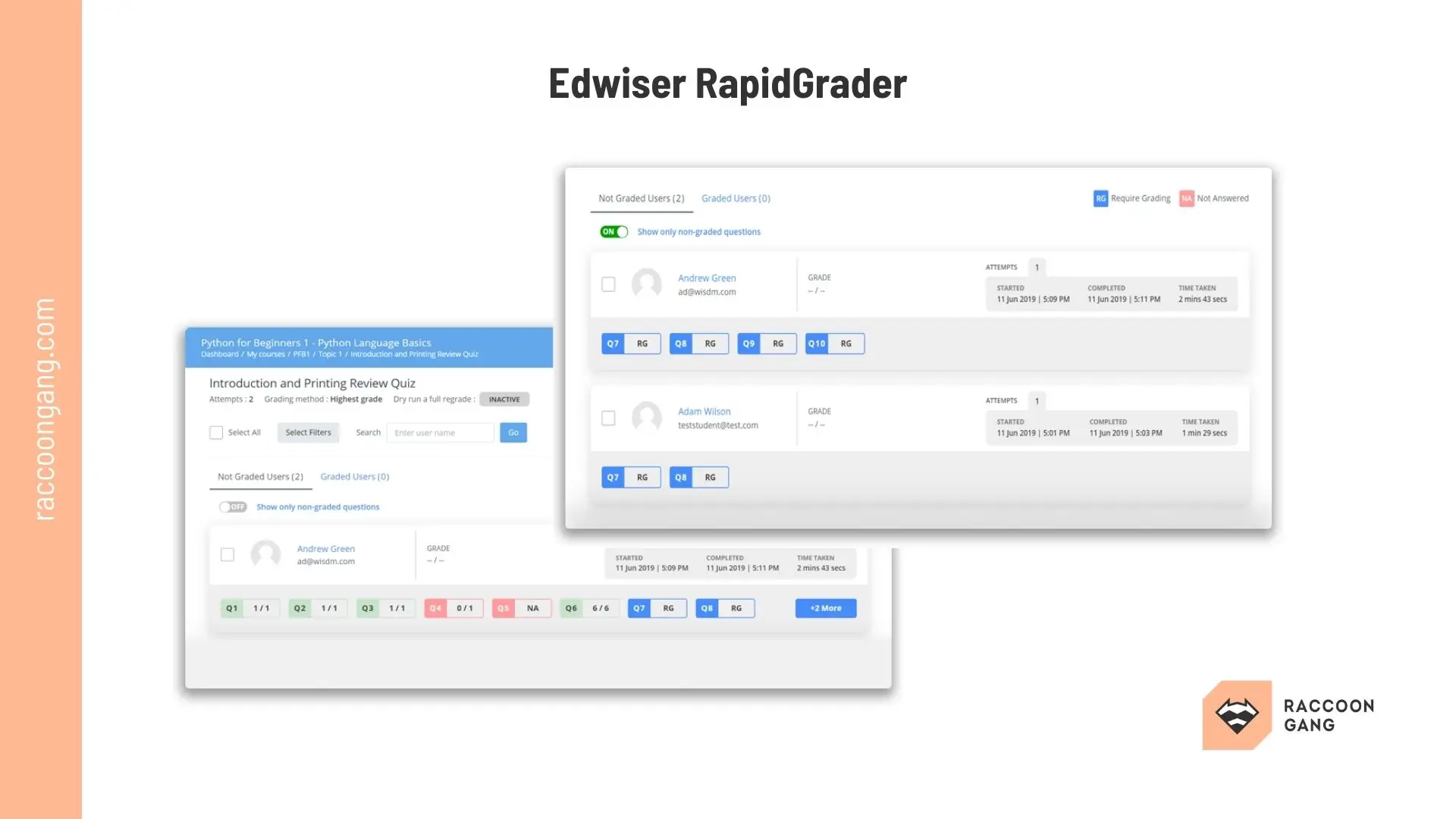 Edwiser RapidGrader Plugin for Moodle Moodle Edwiser RapidGrader dashboard used to review and grade quiz responses from multiple learners.