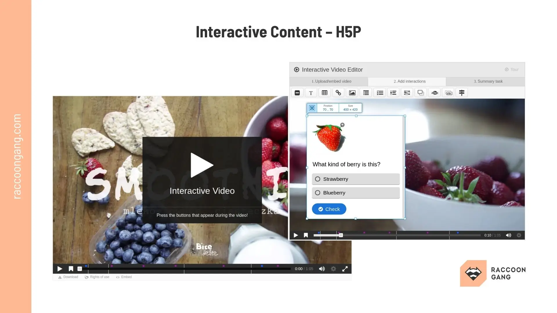 H5P Interactive Content in Moodle LMS H5P interactive video content editor in Moodle LMS showing quiz interaction added to a learning video.