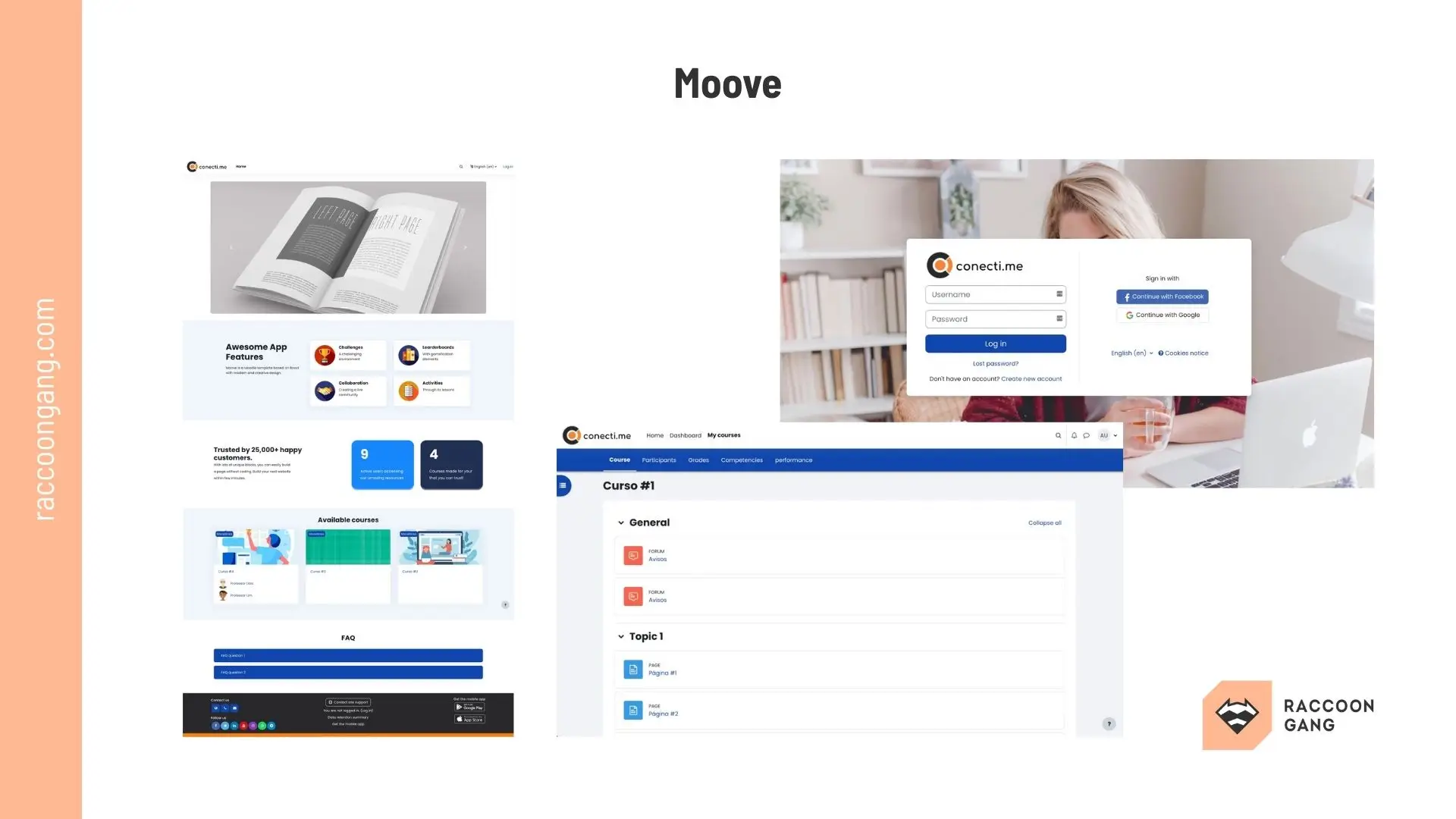 Moove Theme for Moodle LMS Example of the Moove theme in Moodle LMS displaying course pages, login interface, and responsive UI design.