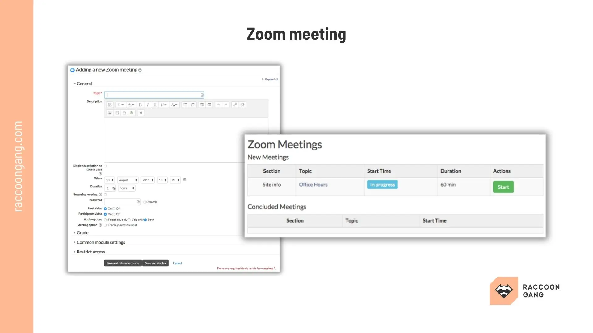 Zoom Integration for Moodle LMS Moodle Zoom plugin interface for creating and managing live online meetings inside a course.