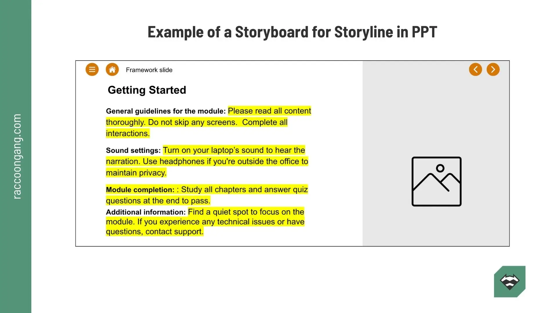 Storyboard Example for Storyline Course in PowerPoint (PPT) Storyboard example for Storyline in PowerPoint showing a course introduction slide with module guidelines, narration instructions, and learner completion requirements