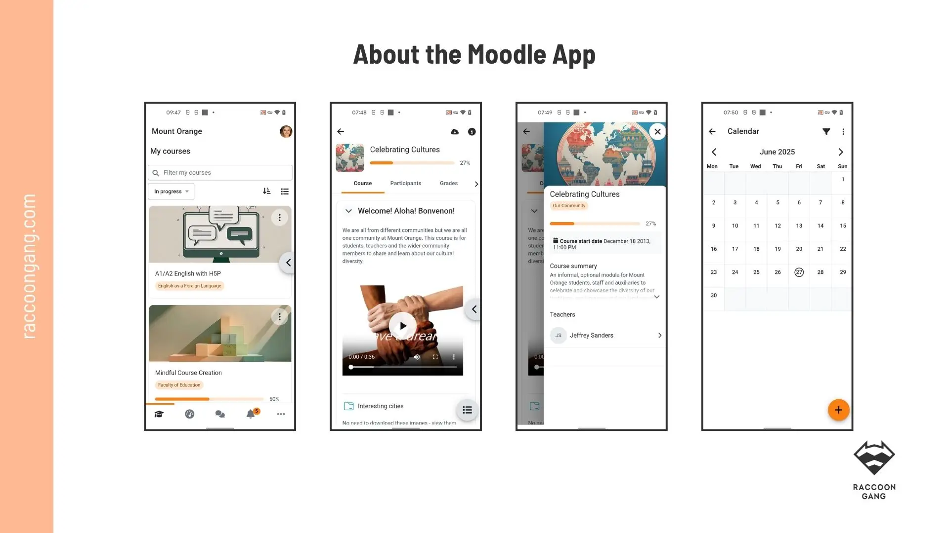 About the Moodle app interface Overview of the Moodle app showing course dashboard, course page, course details, and calendar screens