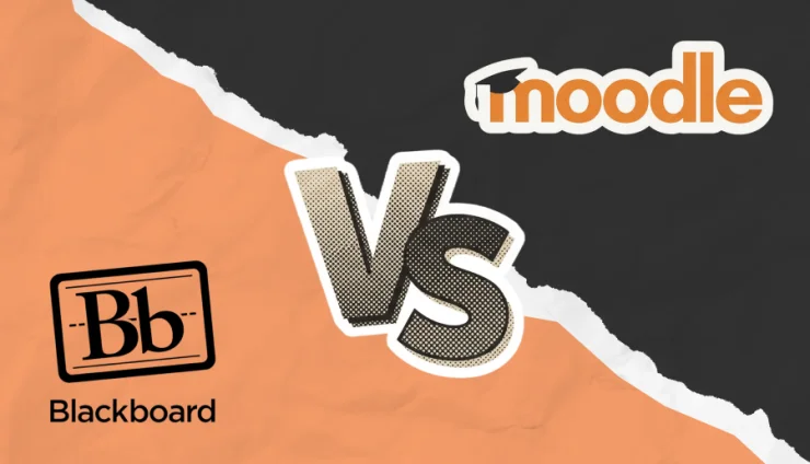 A graphic featuring "moodle vs blackboard," with the Blackboard logo on the left, Moodle logo on the right, and a bold VS in the center, highlighting a direct comparison between these two learning management systems.
