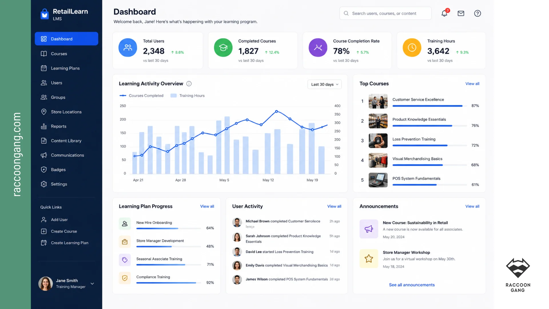 Retail LMS Dashboard for Multi-Location Training Retail LMS dashboard showing onboarding progress, course completion, training analytics, store performance, and compliance tracking