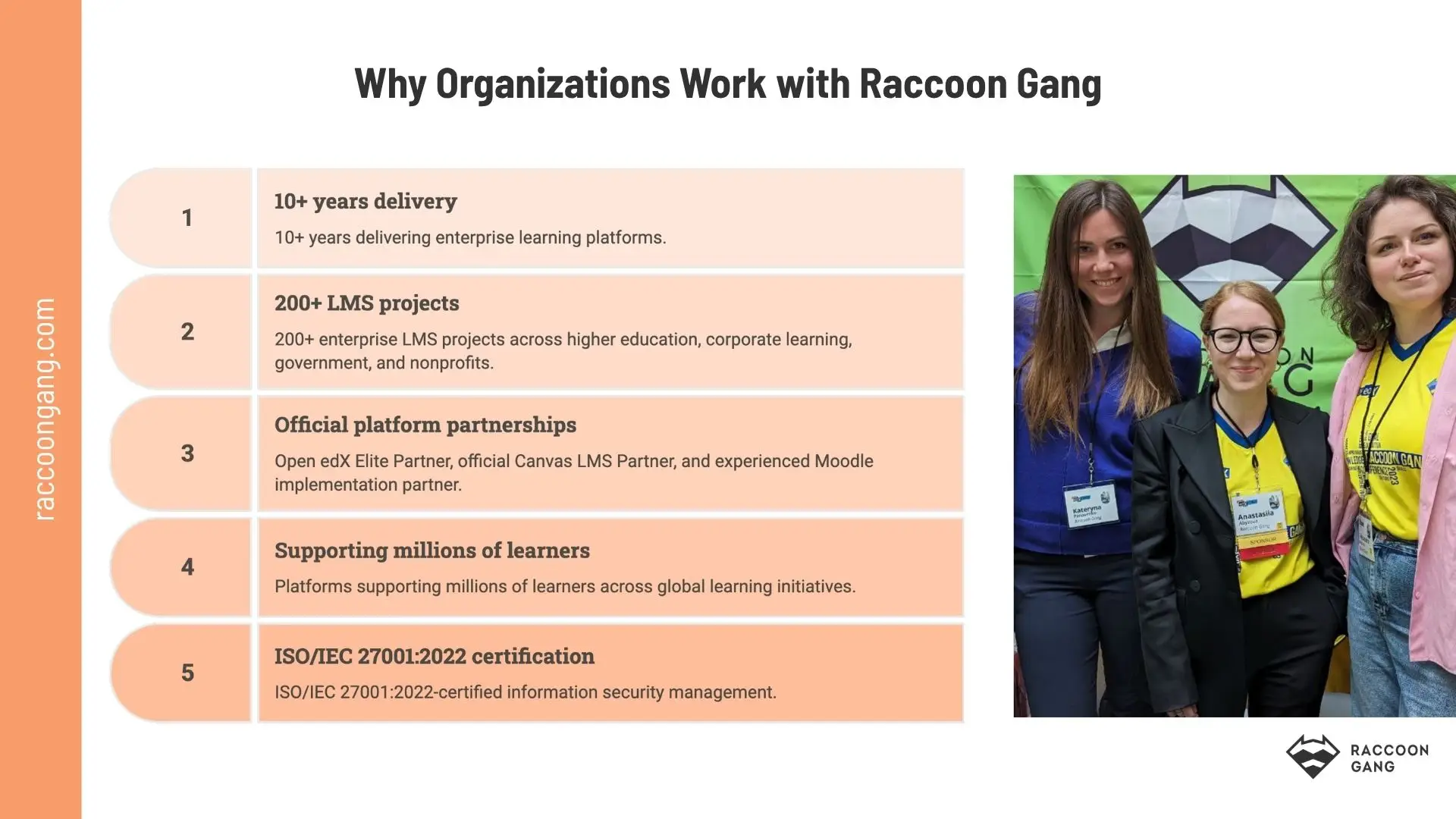 Why Organizations Choose Raccoon Gang for Enterprise LMS Projects Why organizations choose Raccoon Gang for enterprise LMS consulting, implementation, and managed open source platforms